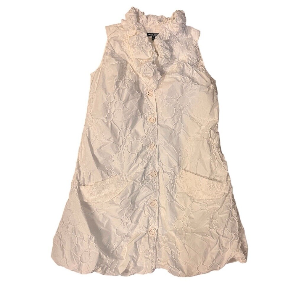 Samuel Dong Textured Button Up Bubble Dress Womens Sz Med Ruffle Neck